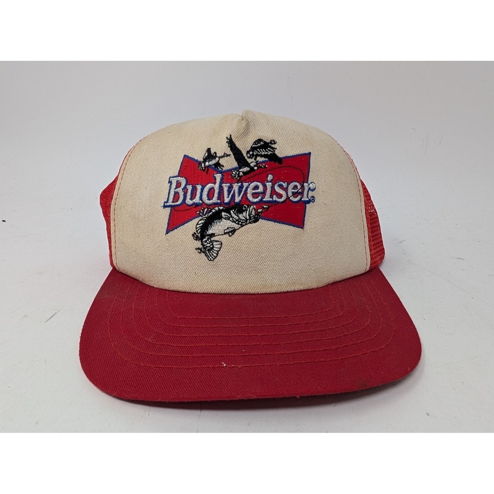 VINTAGE Budweiser Hat Cap Snap Back Mens One Size Red Fish Beer Trucker Mesh